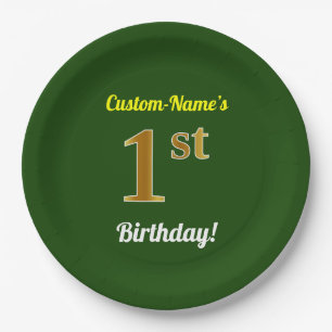 Green, Faux Gold 1st Birthday + Custom Name Paper Plate