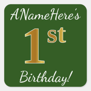 Green, Faux Gold 1st Birthday + Custom Name Square Sticker