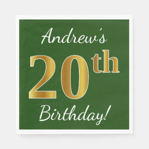 Green, Faux Gold 20th Birthday + Custom Name Napkin