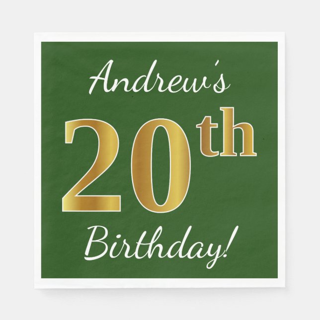 Green, Faux Gold 20th Birthday + Custom Name Napkin (Front)