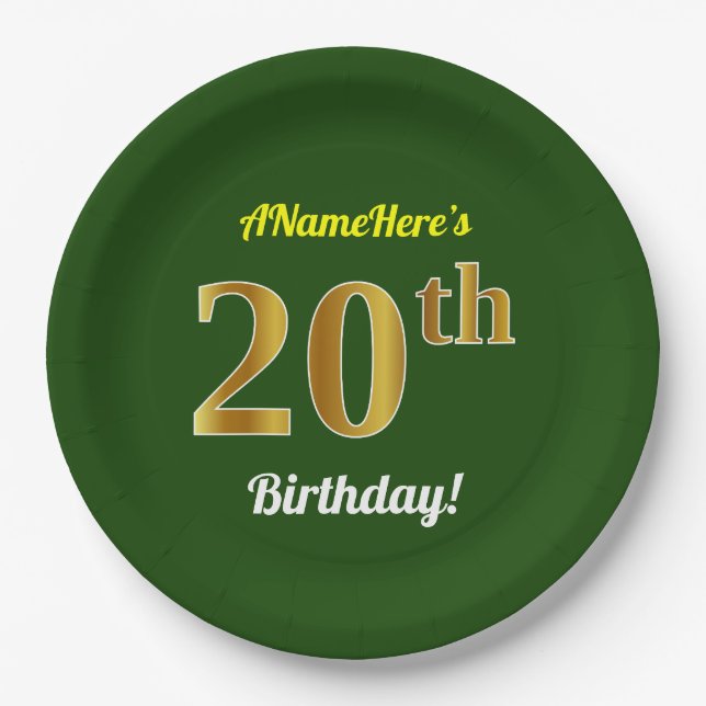 Green, Faux Gold 20th Birthday + Custom Name Paper Plate (Front)