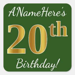 Green, Faux Gold 20th Birthday + Custom Name Square Sticker