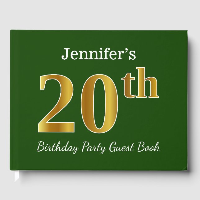 Green, Faux Gold 20th Birthday Party + Custom Name Guest Book (Front)