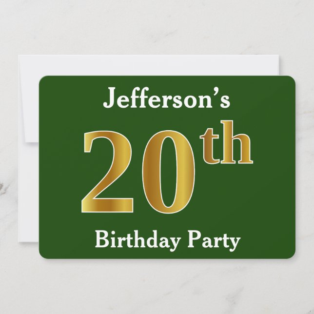 Green, Faux Gold 20th Birthday Party + Custom Name Invitation (Front)