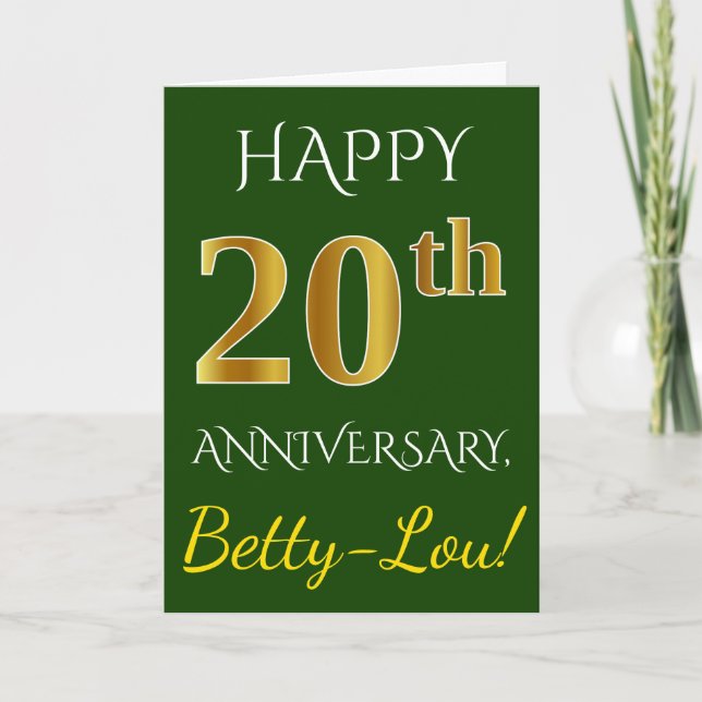 Green, Faux Gold 20th Wedding Anniversary + Name Card (Front)