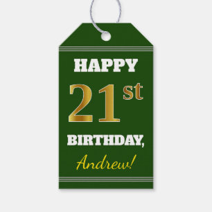 Green, Faux Gold 21st Birthday + Custom Name Gift Tags