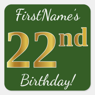 Green, Faux Gold 22nd Birthday + Custom Name Square Sticker
