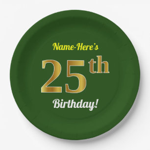 Green, Faux Gold 25th Birthday + Custom Name Paper Plate