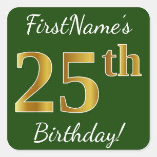 Green, Faux Gold 25th Birthday + Custom Name Square Sticker