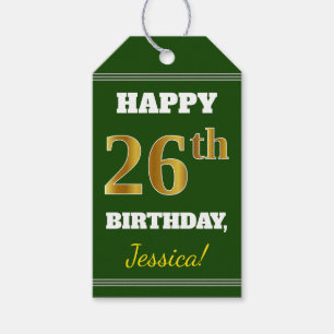 Green, Faux Gold 26th Birthday + Custom Name Gift Tags