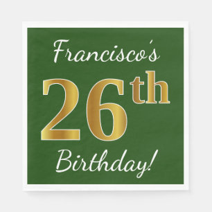 Green, Faux Gold 26th Birthday + Custom Name Napkin