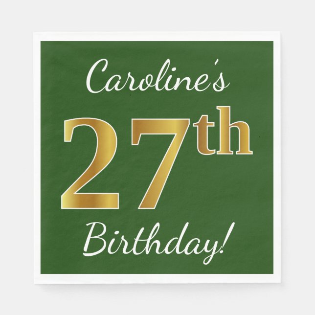 Green, Faux Gold 27th Birthday + Custom Name Napkin (Front)