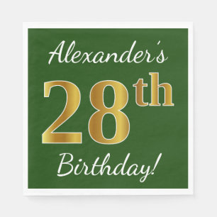 Green, Faux Gold 28th Birthday + Custom Name Napkin