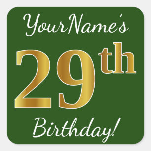 Green, Faux Gold 29th Birthday + Custom Name Square Sticker