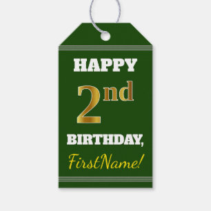 Green, Faux Gold 2nd Birthday + Custom Name Gift Tags