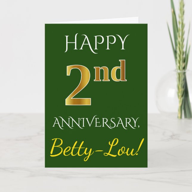 Green, Faux Gold 2nd Wedding Anniversary + Name Card (Front)