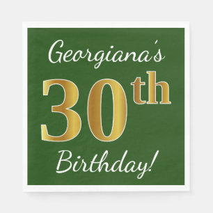 Green, Faux Gold 30th Birthday + Custom Name Napkin