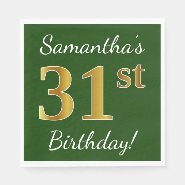 Green, Faux Gold 31st Birthday + Custom Name Napkin (Front)
