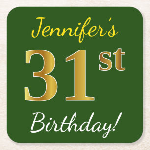 Green, Faux Gold 31st Birthday + Custom Name Square Paper Coaster