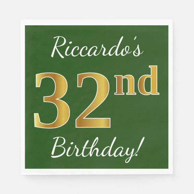 Green, Faux Gold 32nd Birthday + Custom Name Napkin (Front)