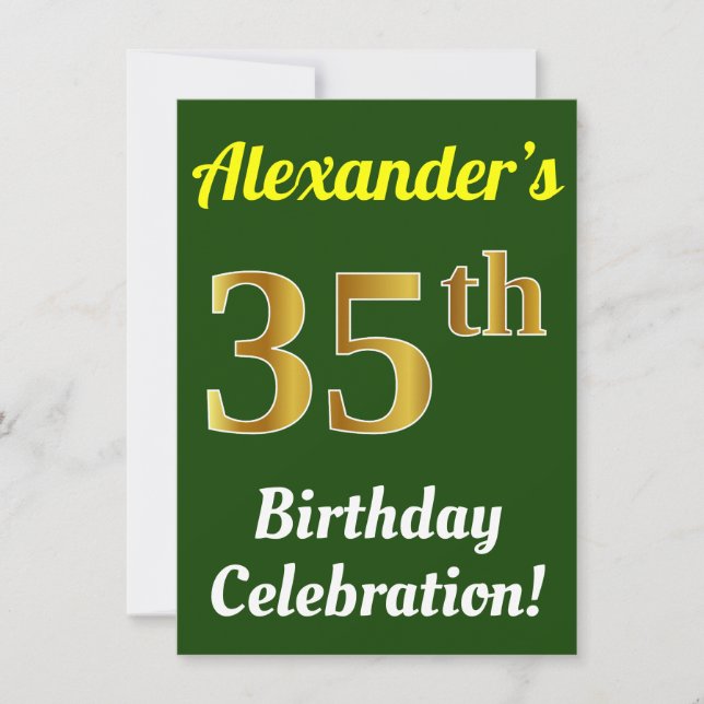 Green, Faux Gold 35th Birthday Celebration + Name Invitation (Front)