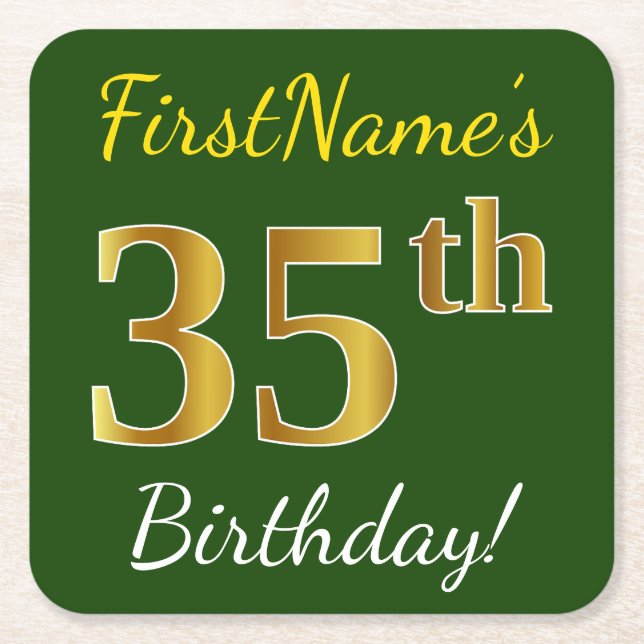 Green, Faux Gold 35th Birthday + Custom Name Square Paper Coaster (Front)