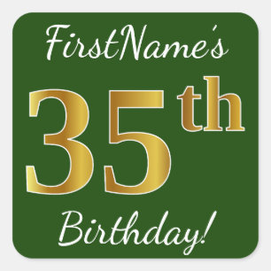 Green, Faux Gold 35th Birthday + Custom Name Square Sticker