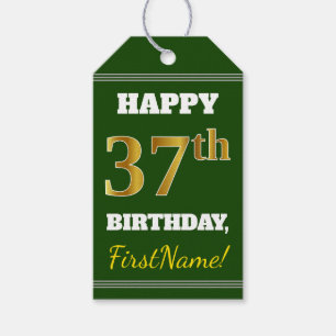 Green, Faux Gold 37th Birthday + Custom Name Gift Tags
