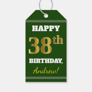 Green, Faux Gold 38th Birthday + Custom Name Gift Tags