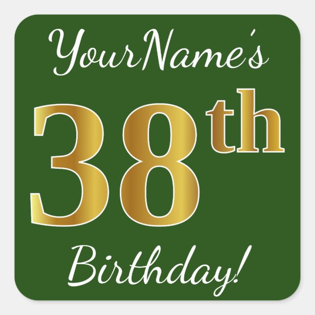Green, Faux Gold 38th Birthday + Custom Name Square Sticker (Front)