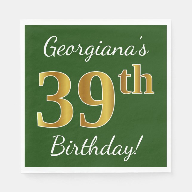 Green, Faux Gold 39th Birthday + Custom Name Napkin (Front)