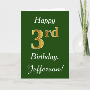 Green, Faux Gold 3rd Birthday + Custom Name Card