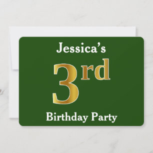 Green, Faux Gold 3rd Birthday Party + Custom Name Invitation