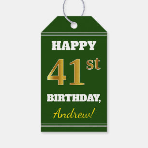 Green, Faux Gold 41st Birthday + Custom Name Gift Tags