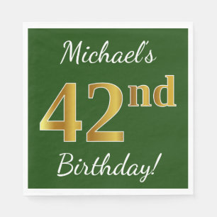 Green, Faux Gold 42nd Birthday + Custom Name Napkin