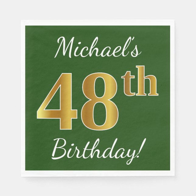Green, Faux Gold 48th Birthday + Custom Name Napkin (Front)
