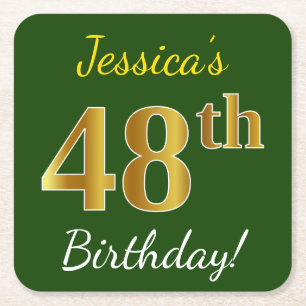 Green, Faux Gold 48th Birthday + Custom Name Square Paper Coaster