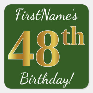 Green, Faux Gold 48th Birthday + Custom Name Square Sticker