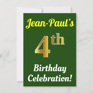 Green, Faux Gold 4th Birthday Celebration + Name Invitation
