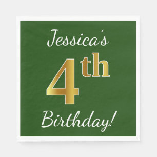 Green, Faux Gold 4th Birthday + Custom Name Napkin