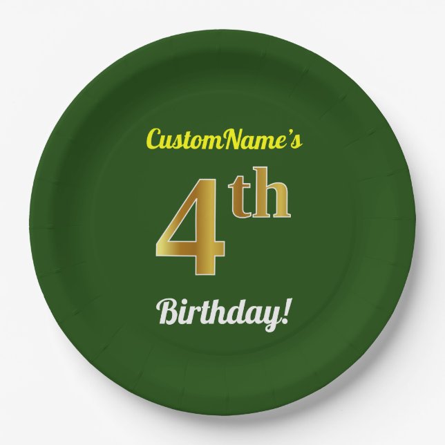 Green, Faux Gold 4th Birthday + Custom Name Paper Plate (Front)