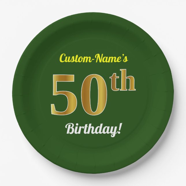 Green, Faux Gold 50th Birthday + Custom Name Paper Plate (Front)