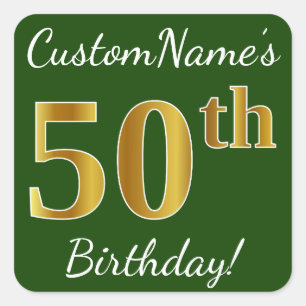 Green, Faux Gold 50th Birthday + Custom Name Square Sticker