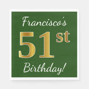 Green, Faux Gold 51st Birthday + Custom Name Napkin