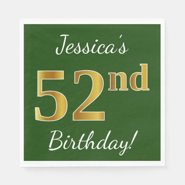 Green, Faux Gold 52nd Birthday + Custom Name Napkin (Front)