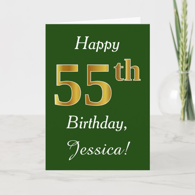 Green, Faux Gold 55th Birthday + Custom Name Card (Front)