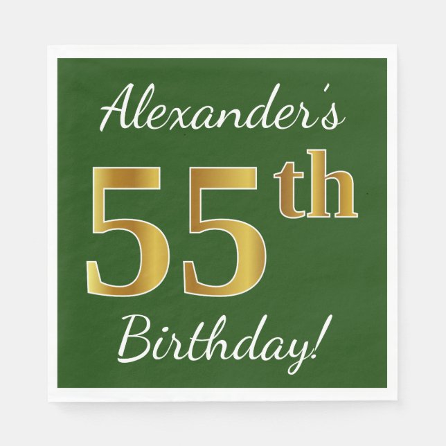 Green, Faux Gold 55th Birthday + Custom Name Napkin (Front)