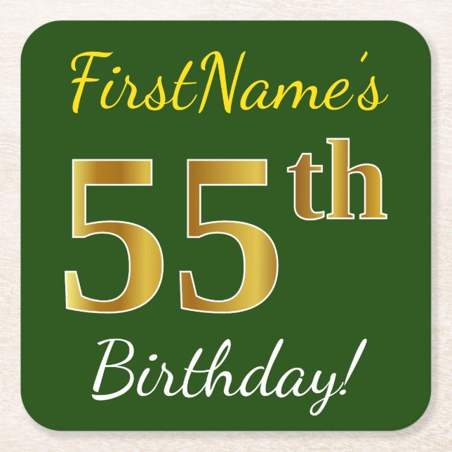 Green, Faux Gold 55th Birthday + Custom Name Square Paper Coaster (Front)