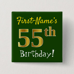 Green, Faux Gold 55th Birthday, With Custom Name 2 Inch Square Button