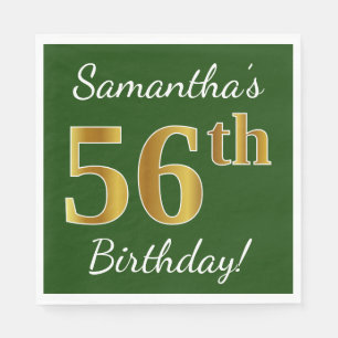 Green, Faux Gold 56th Birthday + Custom Name Napkin